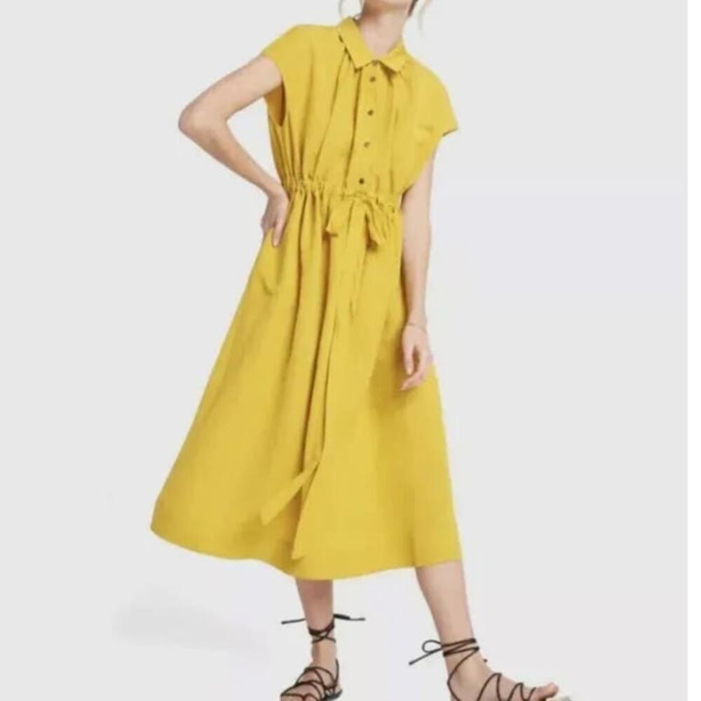 CO Women's Yellow Goop Fluid Linen Sleeveless Button Front Midi Dress Size Small